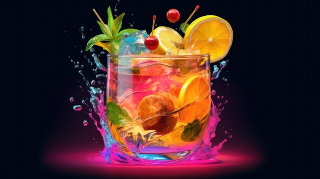 Alcoholic Cocktail isolated on a dark background. Colorful Alcoholic Cocktail image with a copy space. Splash. Colorful Alcoholic Cocktail with Fruits and Berries. Drinks. Made With Generative AI.