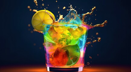Alcoholic Cocktail isolated on a bar counter background. Colorful Alcoholic Cocktail with a copy space. Splash. Colorful Alcoholic Cocktail with Fruits and Berries. Drinks. Made With Generative AI.