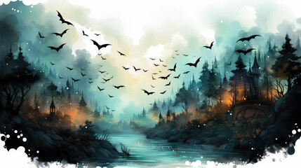 A painting of birds flying over a river. Generative AI. Halloween background.