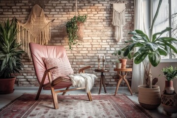 Fototapeta na wymiar With a rustic armchair in the living room. The room's wall is covered in macrame and a retro chair. Light Scandinavian interior design details.
