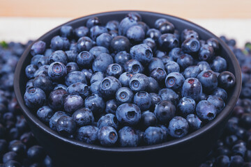 Fresh blueberries in black bowl. Bowl filled with ripe blueberries. Close-up shot.