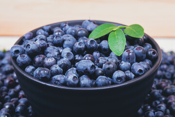 Fresh blueberries in black bowl covered by fresh branch with green leaves. Bowl filled with ripe blueberries. Close-up shot.