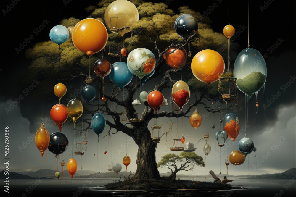 Aufkleber a tree with many balloons hanging from it's branches. generative ai.