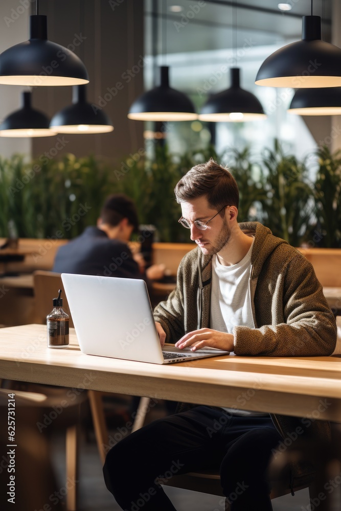 Poster a man sitting at a table working on a laptop. generative ai.