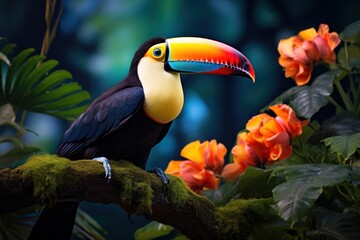 Toucan on a branch. Big hornbill toucan bird portrait. Generative AI wild wallpaper