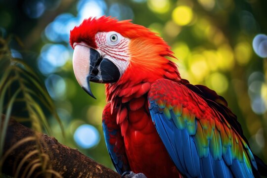 Red ara ararauna parrot portrait in green forest. Brazilian macaw parrot close up. Tropical wild bird, generative AI wildlife