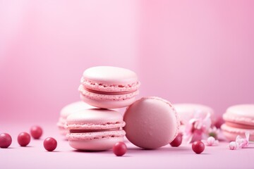 Obraz na płótnie Canvas Pink french macaron with red berries. Generative AI dessert image