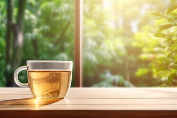 Cup of tea on wood desk, blurred green background. Hot drink ad banner with empty space. Generative AI horizontal presentation ads