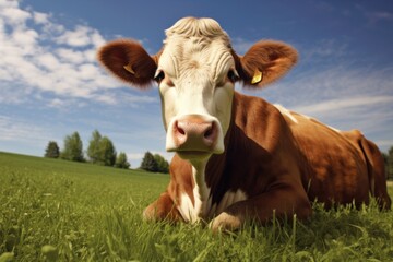 Ayrshire brown cow on green meadow. Cattle face portrait. Milk cow farmer banner. Generative AI mammal animal