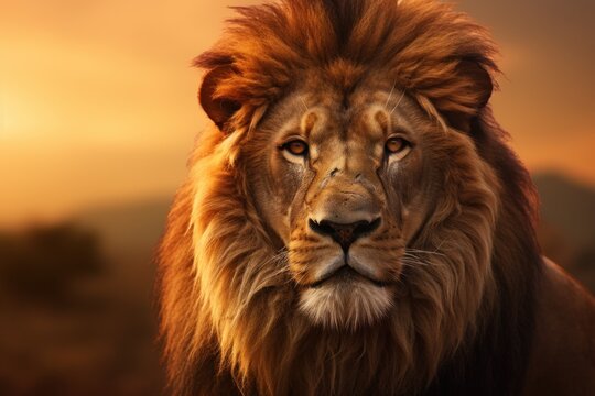 Portrait of a lion. African lion looking at the camera at sunset. Wild big cat face close up. Generative AI animal image