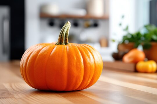Big orange ripe pumpkin on a wooden kitchen table. Generative AI pumpkin image