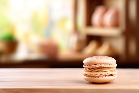Macaron on wooden table with empty space. Macaroon banner, blurred kitchen background. Generative Ai confectionery shop image