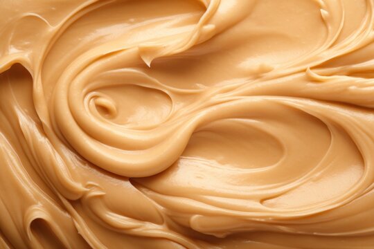 Condensed milk texture, top view. Peanut butter background. Homemade cream paste. Generative AI food image