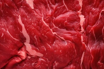 Raw meat texture close up. Red steak uncooked meat background. Juicy cow cut slice macro top view. Butcher banner. Generative AI image