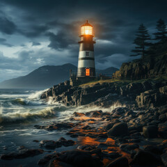 A tall lighthouse standing on a cliff at night  © Sekai