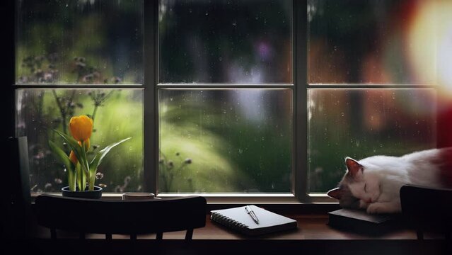 Rain falling on the window, flowing raindrops, comfortable rain sound ASMR, a cat sleeping on a desk with books, notes, and coffee, resting in a cozy cafe and library, and raining scenery
