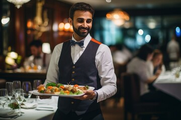 a handsome young smiling server waiter in restaurant with plates with food on a tray in a expensive luxury restaurant bringing food to a table in his hands. Generative AI