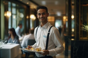 Fototapeta na wymiar a handsome young smiling server waiter in restaurant with plates with food on a tray in a expensive luxury restaurant bringing food to a table in his hands. Generative AI