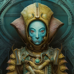 Space creature close up, with blue, teal, and gold colors. 