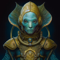 Space creature close up, with blue, teal, and gold colors. 