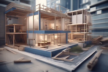 Concept of construction and design. 3d render of blueprints
