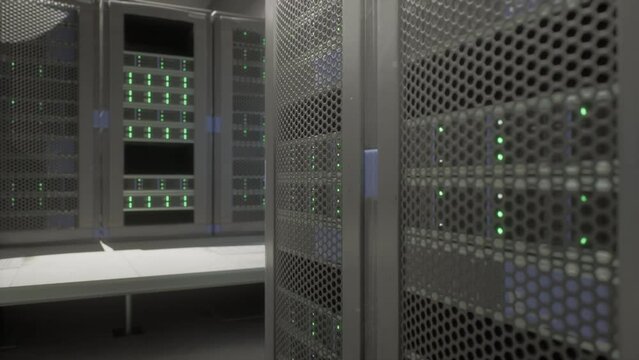 room with rows of supercomputers turned on
