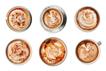 Top view of hot coffee cappuccino latte with foam collection isolated on transparent background