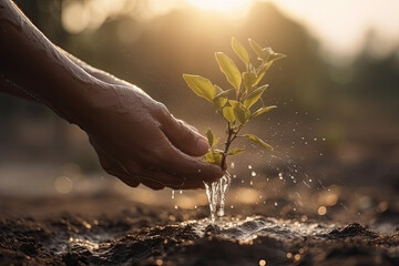 Fototapeta premium Hand watering a young tree to grow in the park at sunset. Environmental protection concept. Generative AI