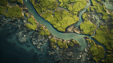 detailed view of a river delta from above