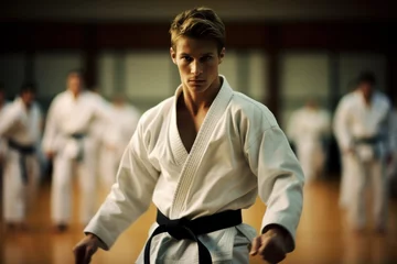  a karate asian martial art training in a dojo hall. young man wearing white kimono and black belt fighting learning, exercising and teaching. students watching in the background. Generative AI © SayLi
