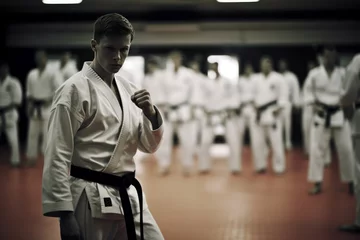 Afwasbaar fotobehang a karate asian martial art training in a dojo hall. young man wearing white kimono and black belt fighting learning, exercising and teaching. students watching in the background. Generative AI © SayLi