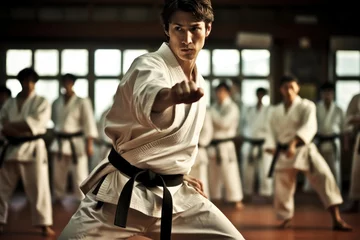 Foto op Aluminium a karate asian martial art training in a dojo hall. young man wearing white kimono and black belt fighting learning, exercising and teaching. students watching in the background. Generative AI © SayLi