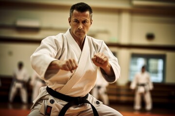 a karate asian martial arts training in a dojo hall. sensei teacher master man wearing white kimono and black belt fighting learning, exercising. students watching in the background. Generative AI