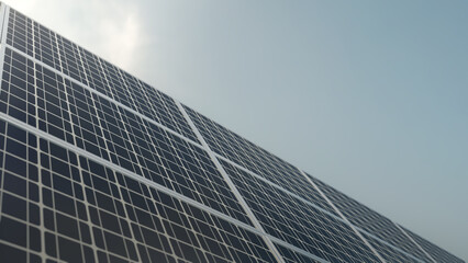 Close up 3D rendering of Solar panel at sunny weather , concept of renewable energy, technology, electricity, green, eco friendly