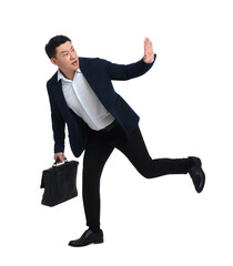 Businessman in suit with briefcase running on white background
