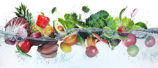 Many fruits and vegetables falling into water against white background - obrazy, fototapety, plakaty