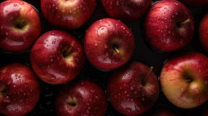 Fototapeta na wymiar Fresh delicious red apples with water drops on them and black background. Generative AI