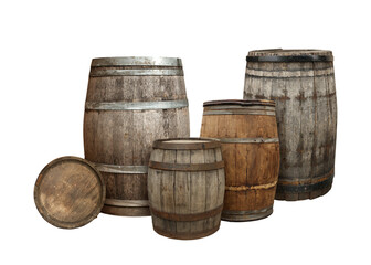 Many different wooden barrels on white background