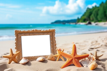 Fototapeta na wymiar Picture frame on the beach with starfish, PNG transparent background. Generative AI