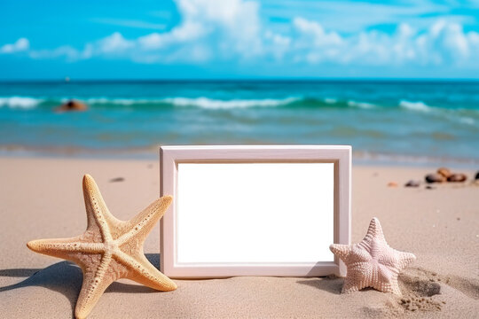 Picture frame on the beach with starfish, PNG transparent background. Generative AI