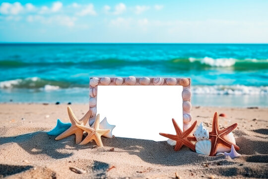Picture frame on the beach with starfish, PNG transparent background. Generative AI