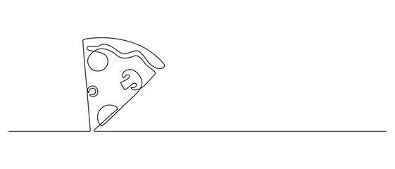 One continuous line drawing of pizza slice. Symbol of italian food and cafe delivery concept in simple linear style. Banner menu in editable stroke. Doodle outline vector illustration