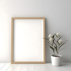 Fototapeta na wymiar sinlge frame on a shelf, empty with no artwork for a mockup of your art, one plant beside it in a small white pot 