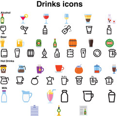 Drink glasses with titles, and black and white icons set. Alcohol-related icons: thin vector icon set, black and white kit.Alcohol-related icons: thin vector icon set, black and white kit.