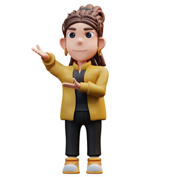 3d illustration of a stylist girl standing with a side pointing gesture