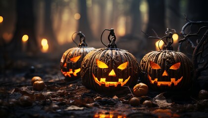 Obraz premium Halloween Pumpkins On Wood In A Spooky Forest At Night