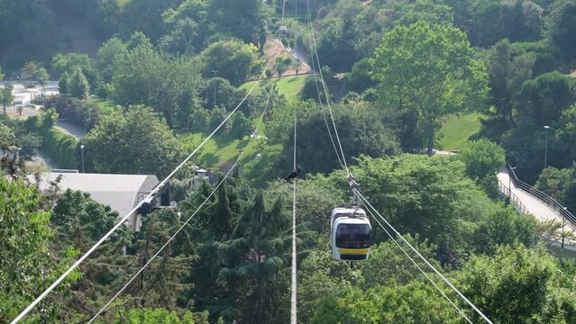 Cable car telfer getting across and moving passing from above tree forest in Ma&ccedil;ka İstanbul.