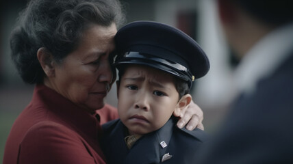 an underage toddler, a boy is drafted into military service, as a soldier in the army, saying goodbye to grandma grandmother, hugging, fear and loss and worrying, asian, fictional