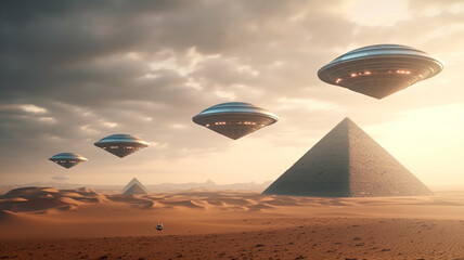 abstract, pyramid in the desert and spaceship hovers or flies over it, fictional location
