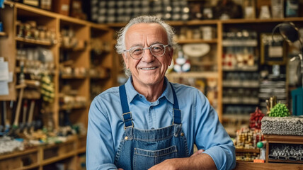 elderly man is shopkeeper of a local small business selling goods or services, fictional location
